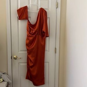 Fashion Nova Satin Ruched One Shoulder MIDI Dress